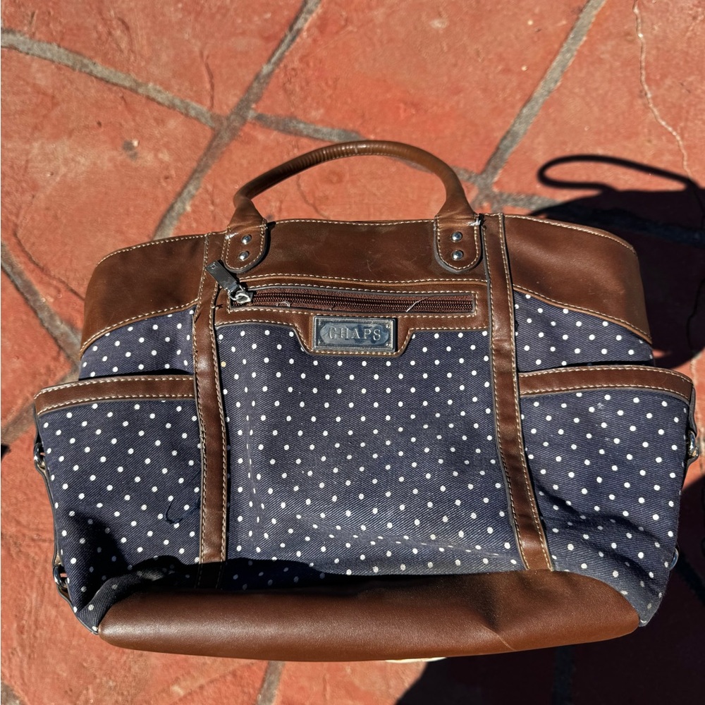 Chaps Brown and Blue Tote with Polka Dot Design